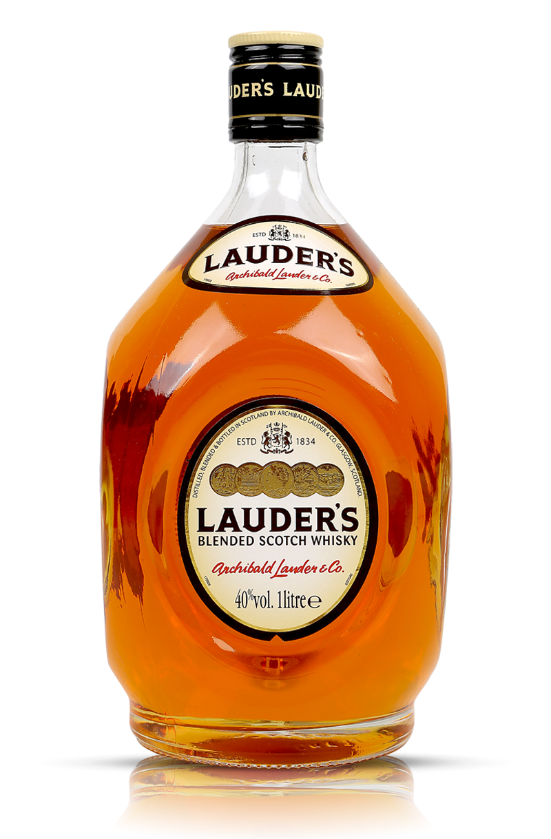 בקבוק וויסקי לאודרס 1 ליטר תווית LAUDER'S BLENDED SCOTCH WHISKY תצורה מעוגלת וגוון עמברי עשיר||||