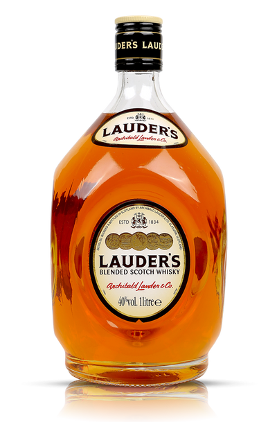 בקבוק וויסקי לאודרס 1 ליטר תווית LAUDER'S BLENDED SCOTCH WHISKY תצורה מעוגלת וגוון עמברי עשיר||||